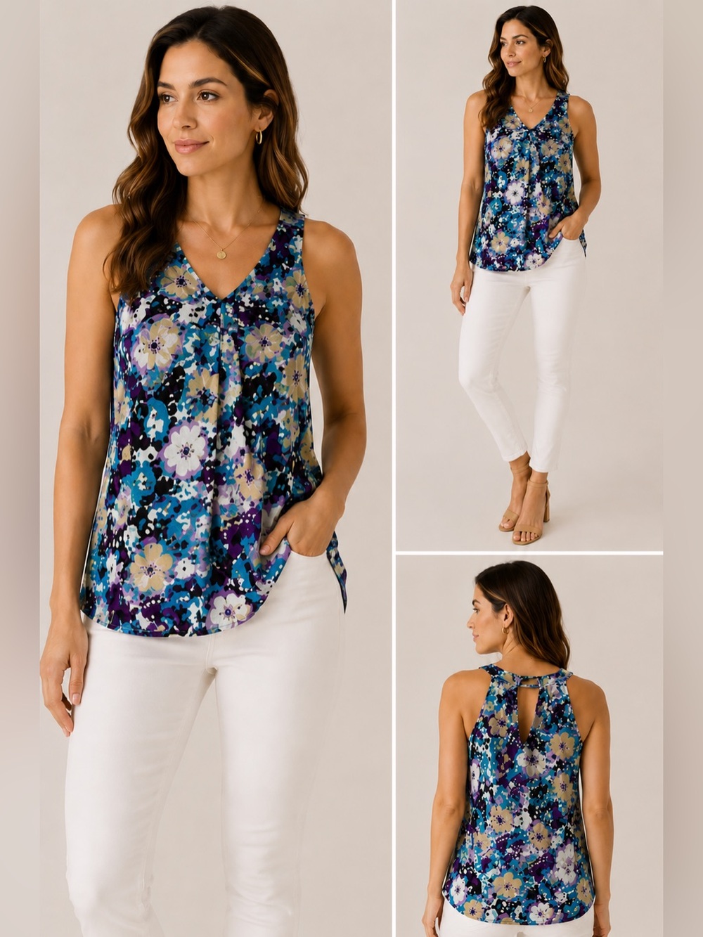 GAP Floral Sleeveless V-Neck Keyhole Tank Top Blue Purple Multicolor Large